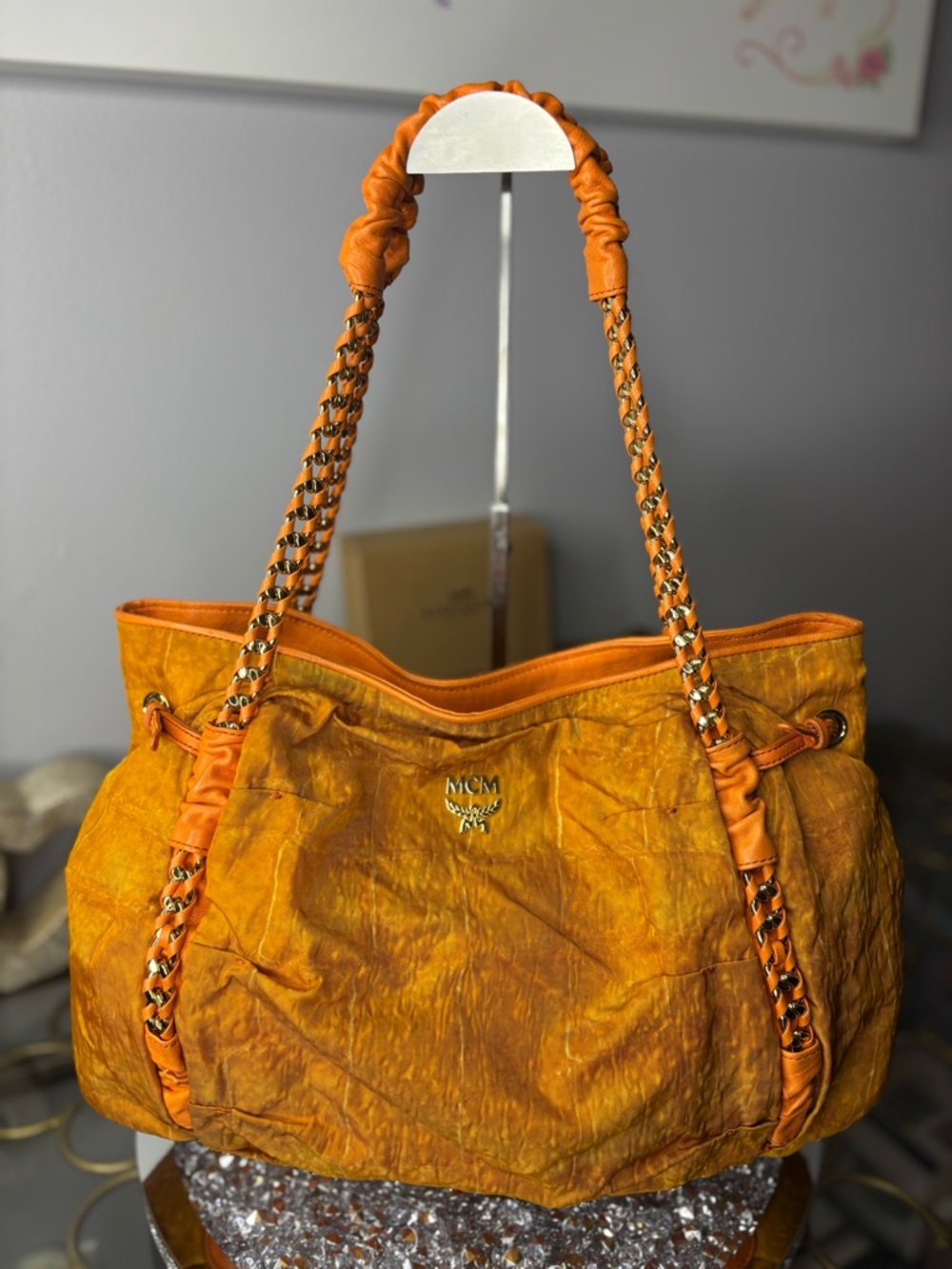 MCM RARE Orange Crinkled Leather Chain-Handle Shoulder Bag EUC